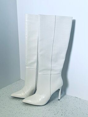Express White Croc-Embossed Knee-High Stiletto Boots
